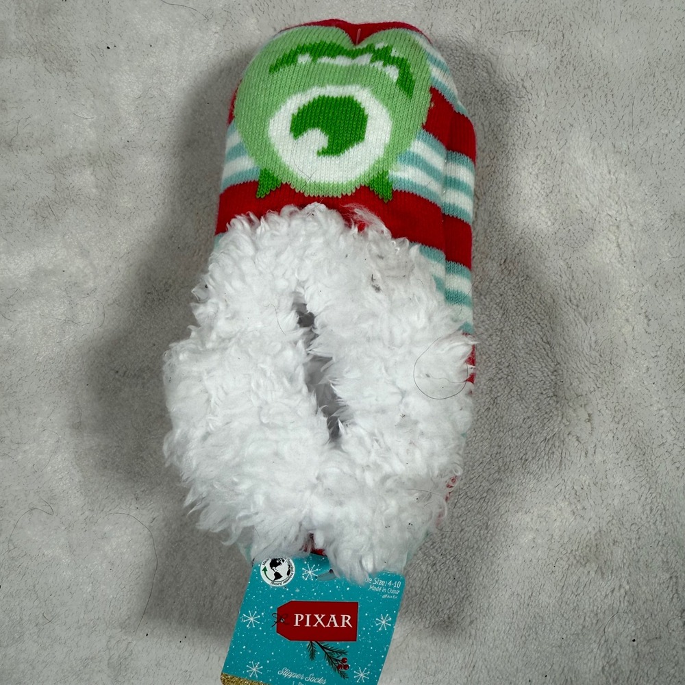 Kids Pixar Mike Wazowski Slipper Socks Sherpa  Red Green Stripe Size 4-10‎ NEW